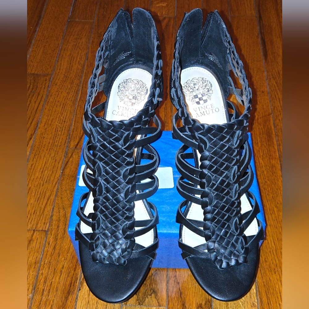 Vince Camuto Black Leather 3 3/4 Inch Heels